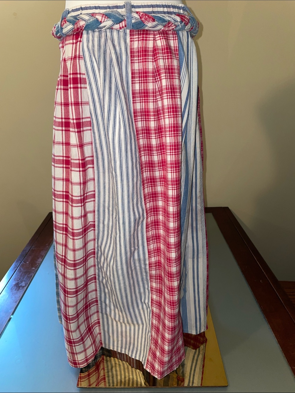 Vintage Button-Front Patchwork Maxi Skirt in Red, Blue, and White - Picture 3 of 7